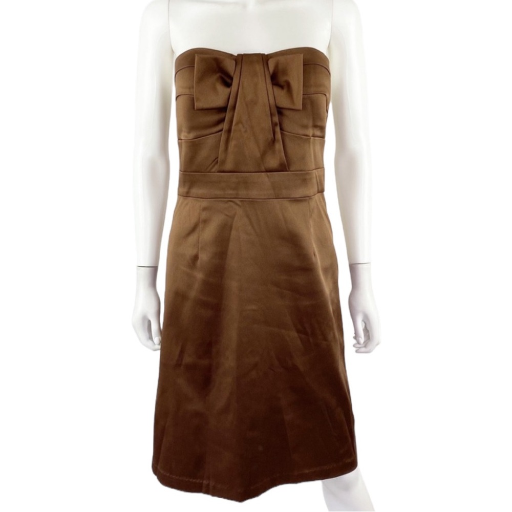 BCBG Paris Womens Size 8 Dress Brown Sheath Knee Length Strapless Party Bow